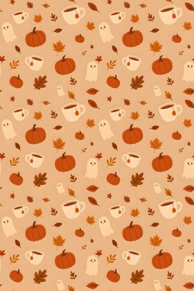 an orange and white background with pumpkins, leaves and owls Autumn And Halloween Fall Backgrounds Ipad, Cute Fall Ipad, Fall Ipad Cute, burlywood
