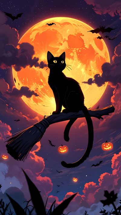 a black cat sitting on top of a broom in front of a full moon with bats Cat Halloween Halloween Cat Aesthetic, Halloween Black Cat, Black Cat Halloween, dark slate gray