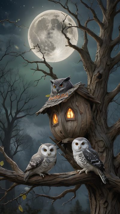 two owls sitting on a tree branch in front of a full moon with a birdhouse Halloween Owl Hd Christmas Cross Stitch, Christmas Cross, Christmas, Cross Stitch, Animals, dark slate gray