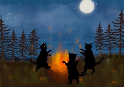 three cats are dancing around a campfire in the woods at night, with one cat jumping up and another standing on its hind legs Halloween Witch Cats Custom Cozy For Laptop, Halloween Tablet, Cat Pc Background, dark slate gray
