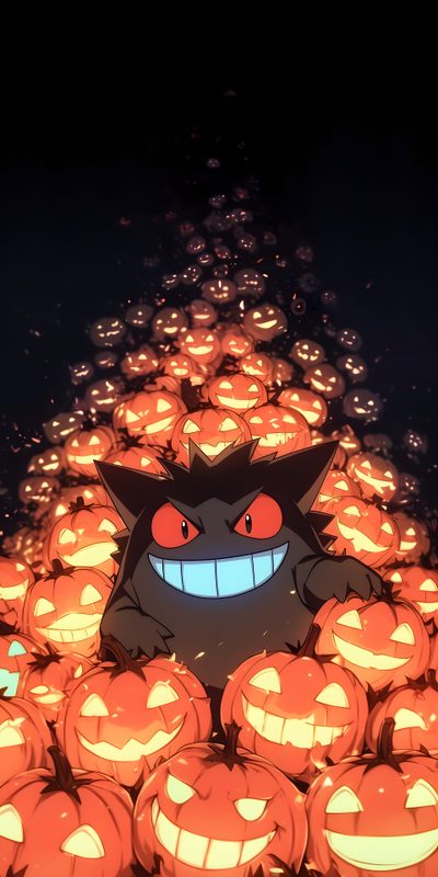 an animated image of a cat surrounded by pumpkins with glowing eyes and teeth on them Pokemon Halloween Iphone Wow Art, Rayquaza Pokemon, Pokemon Halloween, Pokemon Backgrounds, maroon