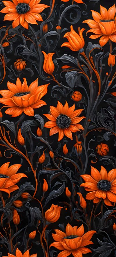 an orange and black floral pattern on a black background Halloween Floral Custom Halloween Iphone Aesthetic Dark, Halloween Floral, Halloween Flower Background, black