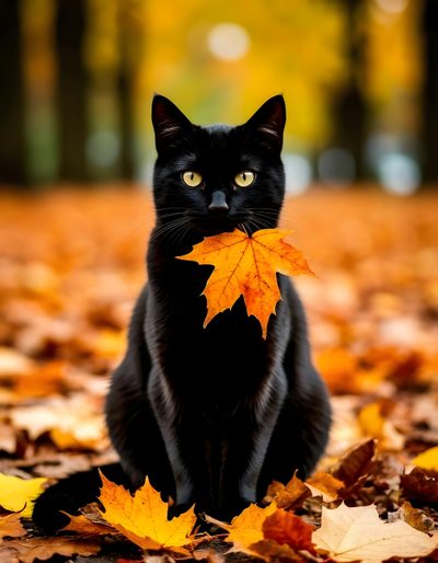 a black cat is sitting on the ground with autumn leaves in front of its face Free Halloween Cat Cute Cats And Dogs, Black Cats In Fall, Dessin Noir Et Blanc, Cat Curling, saddle brown