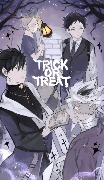 three anime characters standing next to each other with the words trick or treat on them Haikyuu Halloween Halloween Anime Fanart, Haikyuu Halloween Pfp, Anime Halloween Backgrounds, slate gray