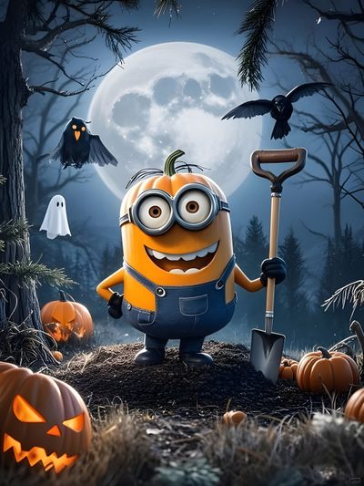 a minion is standing in the woods with pumpkins Minions Halloween Minions Halloween, Minion Halloween Decorations, Fall Minion, dark slate gray