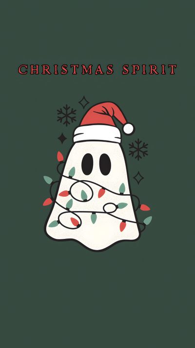 a green christmas card with a cartoon character wearing a santa hat on it's head Cute Halloween And Christmas Cute Christmas Ghost, Christmas Ghost, Christmas Tree Farm Pictures, dark slate gray