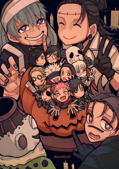 an image of some anime characters with their faces in the shape of a pile of people Jjk Halloween Halloween Jjk Pfp, Jujustu Kaisen Halloween Pfp, Jujutsu Kaisen Halloween Pfp, dark olive green