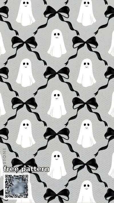 a pattern with white ghost faces and black bow ties on grey fabric, which has the words free pattern Black And White Halloween Skulls In Bow Halloween Iphone Backgrounds, Halloween Backgrounds, Halloween Cute, silver