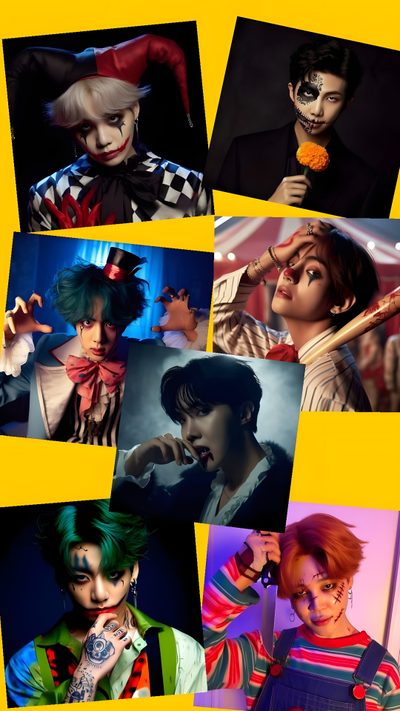 many different pictures of people with clown makeup on their faces and hair in the same photo Bts Halloween Ateez Halloween, Bt21 Halloween, Bts Halloween, Txt Halloween 2021, dark olive green