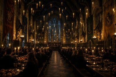 the hog potters dining hall in harry potter's house is lit up with candles Hogwarts Halloween Desktop Hogwarts Macbook, Harry Potter Horizontal, Harry Potter Computer, black