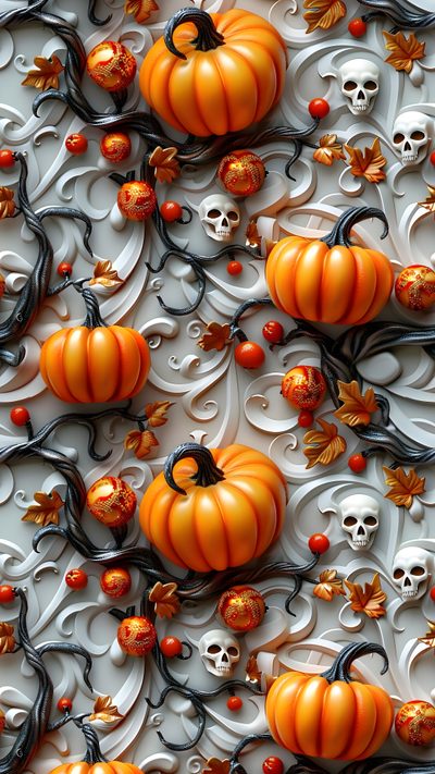 pumpkins, skulls and leaves on a white background with swirly paper art work Halloween Celtic Tiles Custom Fall Halloween Screensavers, Halloween Images For Background, Halloween Iphone Backgrounds Phone, dim gray