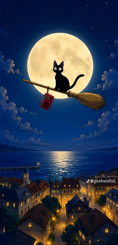 a black cat sitting on top of a broom flying in the air over a city Ghibli Halloween Painting From Kikis Delivery Service, Jiji The Cat, Ghibli Scenes, midnight blue