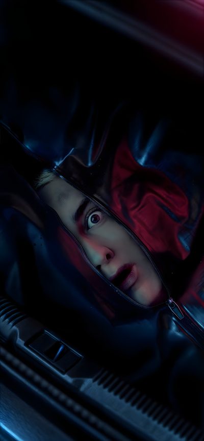 a woman is hiding in the back of a car with her eyes wide open, Eminem Halloween Dark Hooded Outfit, Halloween Costume Inspiration, Mysterious Character Design Ideas, black