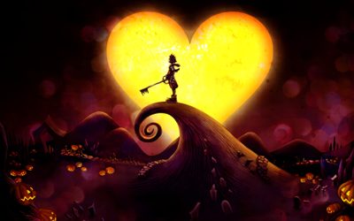 a girl holding a key standing on top of a wave in front of a heart Kingdom Hearts Halloween Kingdom Hearts Jack Skellington, Kingdom Hearts Sora Nightmare Before Christmas, Kingdom Hearts Glass Art, black