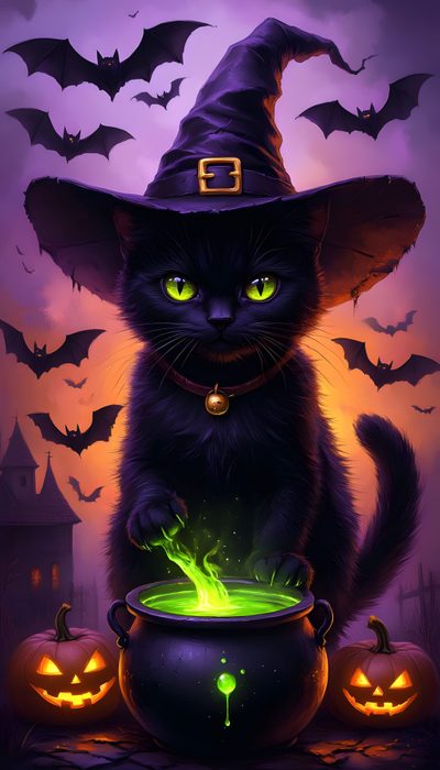 a black cat sitting on top of a caulder filled with green liquid next to pumpkins Halloween Witch Cats Custom Color Theory Painting, Cat Art Painting, Samhain Halloween, dark slate gray