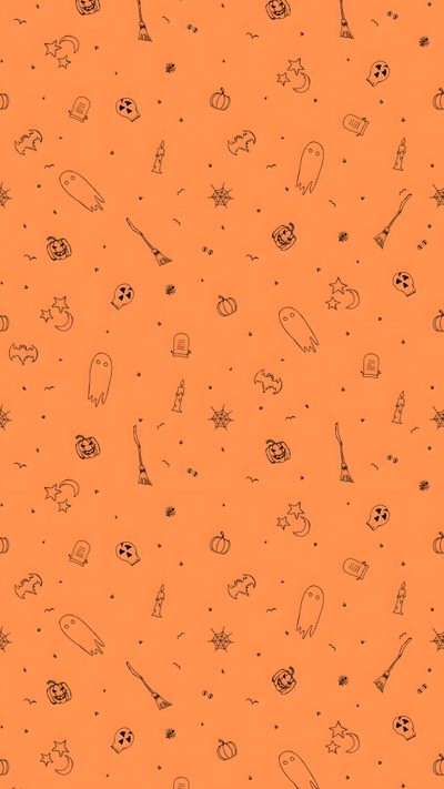 an orange background with black and white doodles on the bottom right corner, all over it Halloween Orange Background Halloween Backgrounds Orange, Pastel Orange Halloween Background, Orange Background Halloween, coral