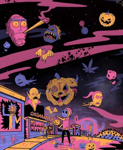 a person standing in front of a wall with cartoon faces on it and various objects flying around Rick And Morty Halloween Purple Rick And Morty Aesthetic, Scary Rick And Morty, Rick And Morty Trippy, dark slate gray