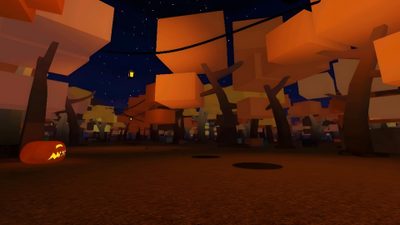an animated halloween scene with pumpkins in the foreground and trees on either side Halloween Roblox Roblox Fall Gif, Roblox Horror Background, Halloween-themed Roblox Decals, maroon