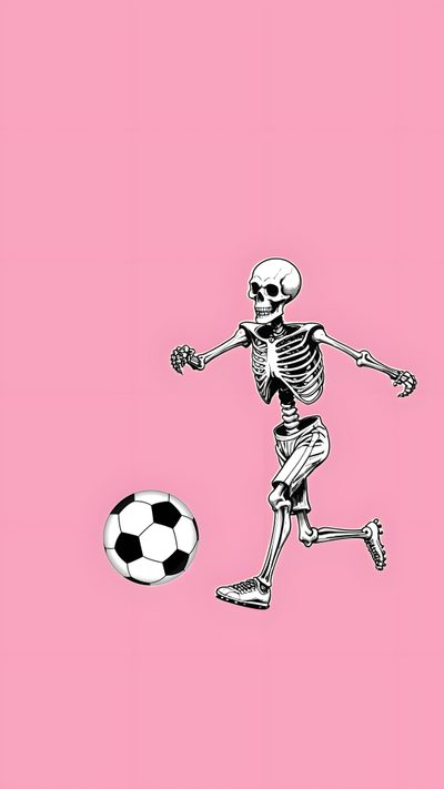 a skeleton kicking a soccer ball on a pink background Halloween Soccer Cute Halloween, Soccer, Halloween, Dogs, Football, light pink