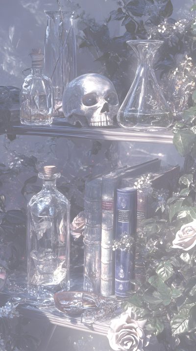there are many bottles and skulls on the shelf Halloween Magic Potions Light Greysmall White Magic, Elixir, Alchemist Background, light slate gray