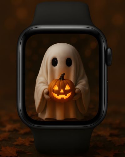 an apple watch with a ghost holding a pumpkin Halloween Digital Watch Pumpkin Apple Watch Face, Halloween, Halloween Watch, Halloween Apples, black