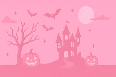 a pink halloween scene with two pumpkins and a castle Pink Halloween Ipad Pink Halloween Ipad, Pink Halloween Gif, Pink Halloween Zoom Background,