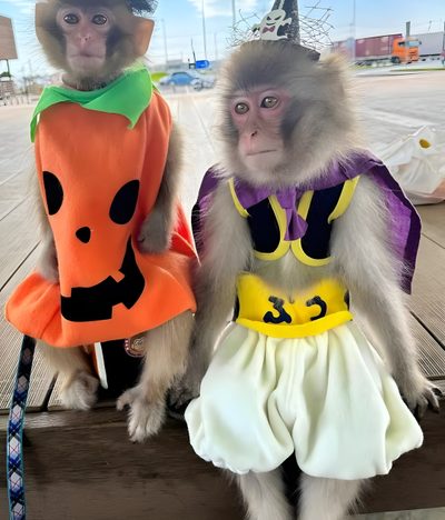 two monkeys dressed in costumes sitting next to each other Halloween Monkey Onesies, Monkey Stickers, Cute Monkey, Monkey Wearing Costume, 2 Monkeys Selfie, rosy brown