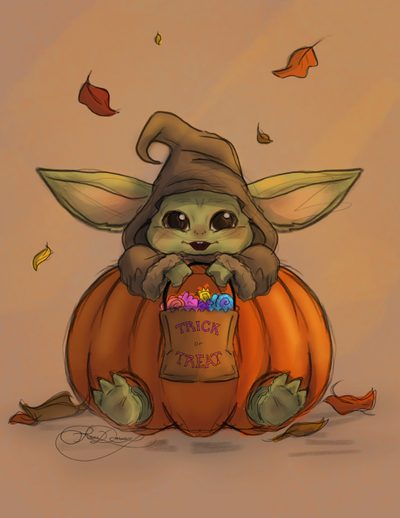 a drawing of a baby yoda sitting on top of a pumpkin filled with candy Cute Baby Yoda Halloween Unique Star Wars Fan Art, Fall Baby Yoda, Star Wars Thanksgiving, Grogu Pumpkin, peru