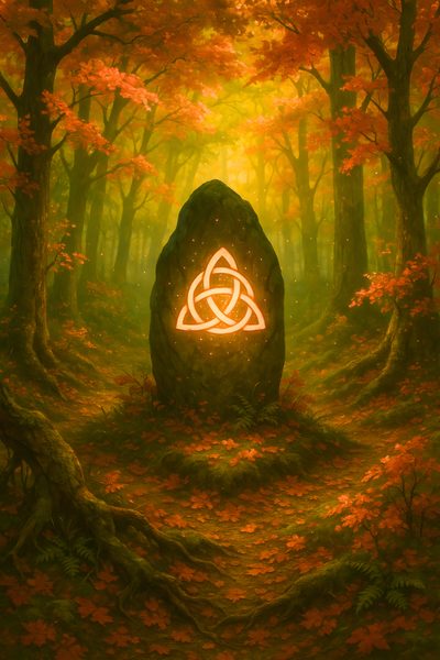 a rock in the middle of a forest with an illuminated celtic symbol on it's face Halloween Celtic Celtic Forest, Triquetra, Celtic Fantasy Art, Legend Symbol, Celtic Druids, saddle brown