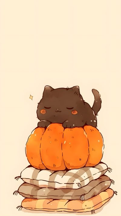 a black cat is sitting on top of some pumpkins, and it looks like he's sleeping Cute Cat Halloween Cartoon Kawaii Cute Halloween Cat, Cute Fall With Cats, Anime Cat Halloween, papaya whip