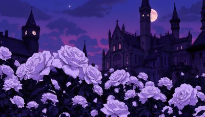 purple flowers in front of an old castle at night with the moon rising over it Purple Halloween Ipad Gothic Architecture Moonlight, Gothic Castle With Purple Roses, Gothic Themed Wedding Inspiration, midnight blue