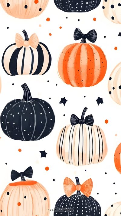 pumpkins with bows and stars on them are painted in orange, black and white Pumpkin Preppy Halloween Fall Background Preppy, Preppy Fall Background, Preppy Homescreen Halloween, linen