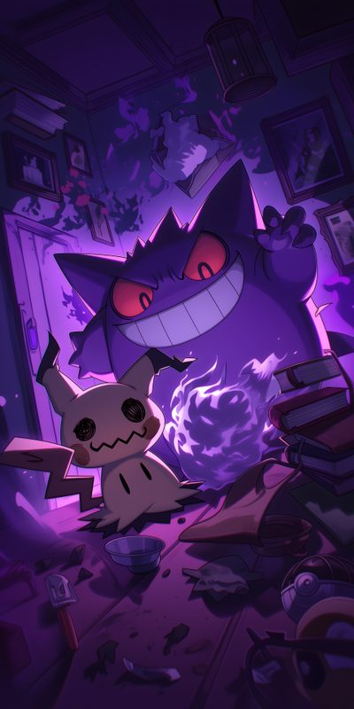 a cartoon cat is in the middle of a messy room, with fire coming out of its mouth Ghost Pokemon Halloween Gengar Full Art, Gengar Anime, Gengar Collage, Gengar Card Art, midnight blue