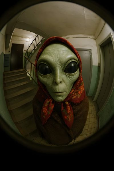 an alien is wearing a red scarf and standing in front of stairs with his eyes wide open Alien Halloween Alien Photos, Alien Funny Images, Alien Looking At Camera, Funny Alien Pic, black
