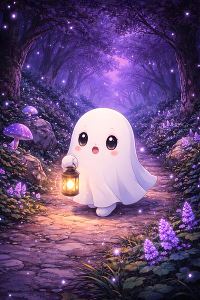 a cartoon ghost holding a lantern in the middle of a path surrounded by purple flowers Cute Halloween Purple Ghost Purple, Cricut, Ghost Cute, Flowers, Ghost, Purple Flowers, dark slate blue