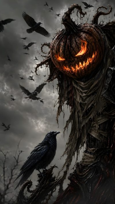 a creepy scarecrow with a pumpkin on his head and crows in the sky behind him Halloween Monsters League Of Legends, dark slate gray