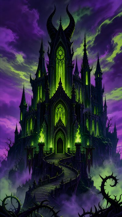an image of a gothic castle in the sky with purple and green lights on it Halloween Disney Villains Maleficent Background, Disney Villains, Maleficent, dark slate gray