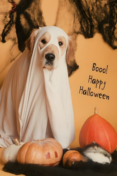 a dog dressed up in a ghost costume with pumpkins and other halloween decorations around it Halloween Dog Hd Golden Retriever Costume, Golden Retriever Photography, Minion Halloween Costumes, peru
