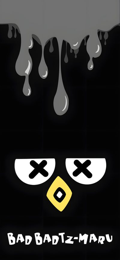 a poster with the words bad bad - maru written in black and yellow on it Badtz Maru Halloween Badtz-maru With Slime Effect, Black And Yellow Cartoon Design, Cute Phone Ideas,
