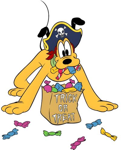 a cartoon dog wearing a pirate hat and holding a trick on treat bag with butterflies around it Pluto Halloween Pluto Halloween Drawing, Disney Disney Halloween Images, Pluto Halloween Png, white