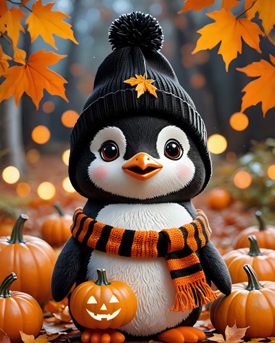 a penguin wearing a hat and scarf with pumpkins in the foreground, surrounded by fall leaves Penguin Halloween Pumpkin Penguin, Panda Fall, Autumn Penguin, Penguin Pumpkin, Thanksgiving Penguins, sienna