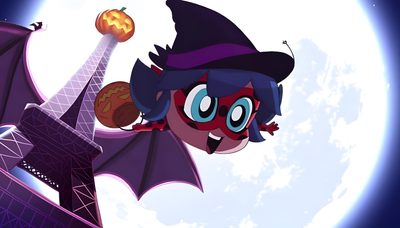a cartoon character flying over the eiffel tower with a pumpkin in her hand Miraculous Ladybug Halloween Miraculous Pumpkin, Miraculous Ladybug Bat Miraculous, Pumpkin Cat Miraculous, thistle