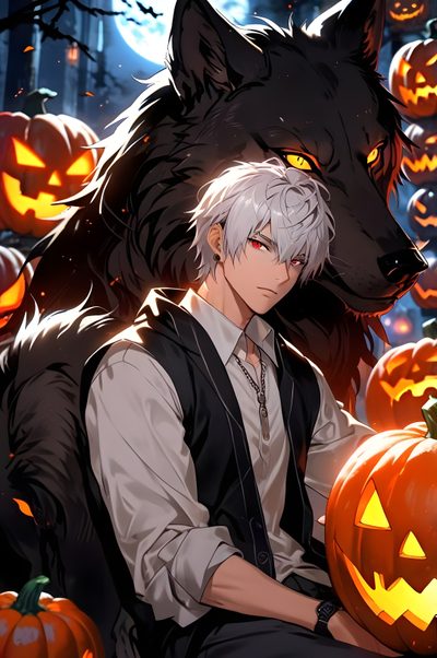 an anime character sitting in front of pumpkins with a wolf on the back ground Halloween Anime Boy Red Wolf Anime, Anime Red Eye Effect, Anime Characters With Red Hair And Glasses, dark slate gray