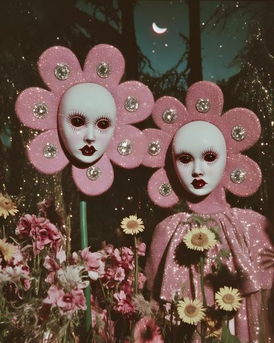 two pink masks with flowers in front of them Weirdcore Halloween Creepy Art, Pink Clown Aesthetic, Forest Friends, Dreamcore Costume, dark olive green