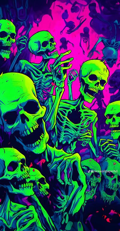 a group of skeletons sitting next to each other on a purple and green background with black dots Neon Aesthetic Halloween Cool Neon Skeleton, Skeleton Neon Aesthetic Skull, Neon Zombie, midnight blue