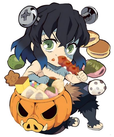 an anime character holding a pumpkin in front of her face with food all over it Inosuke Halloween All Anime, Naruto Shippuden, Demon Slayer Halloween, Inosuke Chibi Png, burlywood