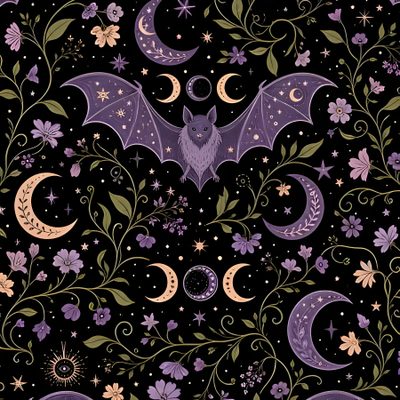 a bat and crescents on a black background with flowers, stars and moon shapes Halloween Whimsical Bats-large Witchy Prints, Black Contact Paper, Contact Paper, Autumn Theme,