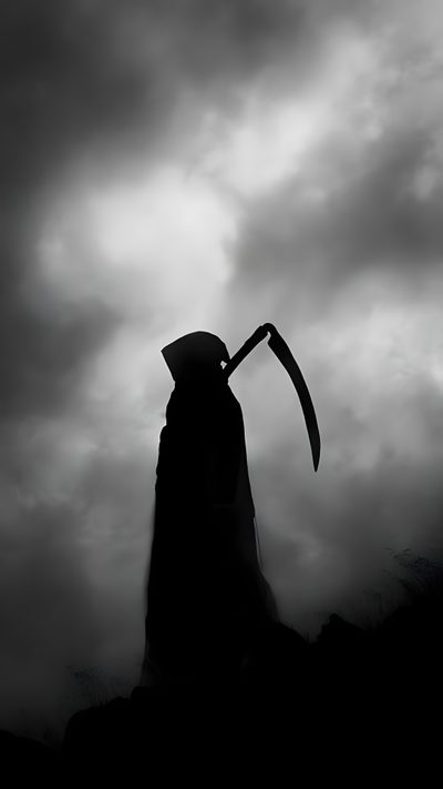 the silhouette of a person holding an axue in front of a dark cloudy sky Grim Reaper Halloween Trendy, Grim Reaper Art, Santa Muerte, Dark Art Illustrations, dim gray
