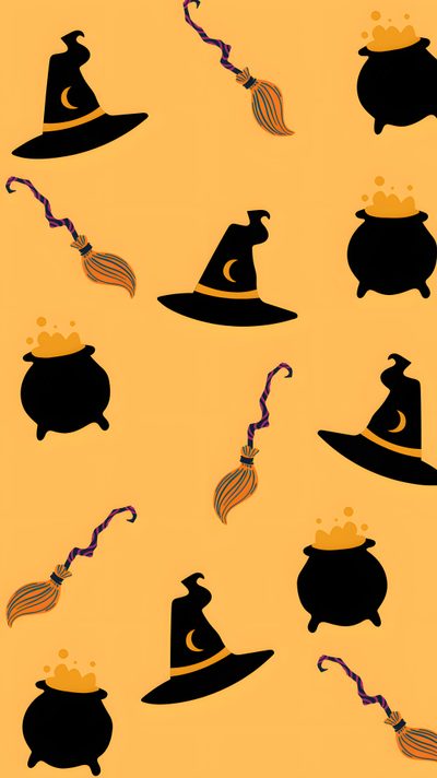 an image of witches hats and brooms Halloween Circle Geometric In Ochre Broomstick, Yellow Halloween, Witch Broomstick, sandy brown