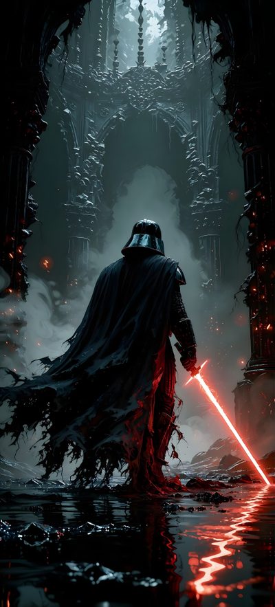 darth vader standing in the dark water with his lights on, holding a light saber Star Wars Halloween Star Wars, Stars, dark slate gray